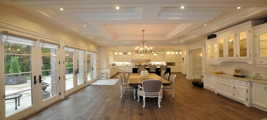 luxury dining room with view to backyard