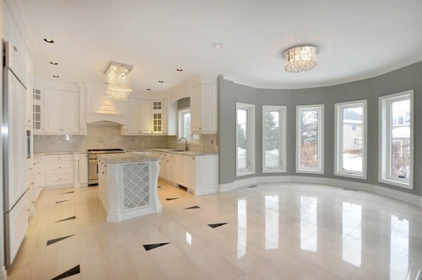 luxury dining room with view to backyard